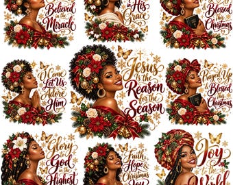 12 Black Woman Christmas PNG Bundle, Christian Faith Quote Clipart, Black Girl Christmas PNG, Bible Verse Sublimation, Black Girl Magic PNG