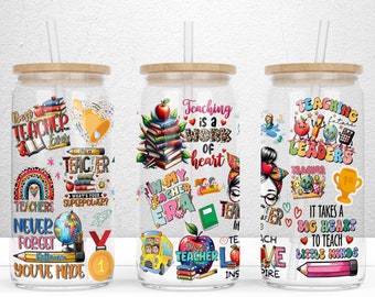 Teacher Appreciations 16oz Libbey Glass Can Sublimation Design, Teach Love Inspire, Back To School Glass Can Wrap PNG File Digital Download