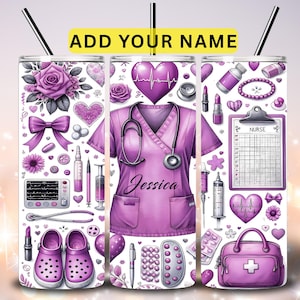 Nurse Tumbler Wrap PNG, 20oz Skinny Nurse Sublimation Design, Purple Personalized Nurse Png, Custom  Nurse Tumbler Gift PNG Digital Download
