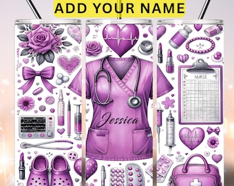 Gobelet d'infirmière Wrap PNG, 20 oz infirmière maigre sublimation Design, infirmière personnalisé violet Png, cadeau personnalisé gobelet d'infirmière téléchargement numérique PNG