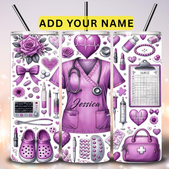 Nurse Tumbler Wrap PNG, 20oz Skinny Nurse Sublimation Design, Purple Personalized Nurse Png, Custom  Nurse Tumbler Gift PNG Digital Download
