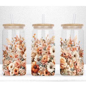 Akvarell Boho blommor 16 oz Libbey glasburkdesign, Boho Libbey burk, blommig glasburkwrap, Boho Tumbler Wrap, PNG-fil digital nedladdning