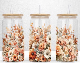 Watercolor Boho Flowers 16 oz Libbey Glass Can Design, Boho Libbey Can, Floral Glass Can Wrap, Boho Tumbler Wrap, PNG File Digital Download