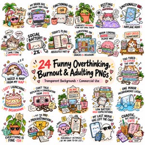 Puede incluir: Una colección de 24 coloridas ilustraciones digitales con personajes de dibujos animados y objetos con textos humorísticos sobre el agotamiento y la vida adulta, incluyendo un cerebro, un perezoso, un gato, una tostadora y un casete.