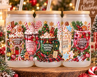 Christmas Libbey Glass Can Wrap PNG, 16oz Christmas Cup Wrap, Holiday Coffee Drinks, Gingerbread Latte, UV DTF Sublimation