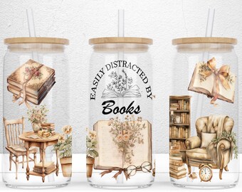 Easily Distracted By Books 16 oz Libbey Glass Can Sublimation Design, Book Tumbler Wrap, Bookish Reading Glass Can PNG File Digital Download
