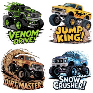 K&ouml;nnte beinhalten: Vier Cartoon-Monster-Truck-Illustrationen. Die Trucks sind in verschiedenen Farben gehalten, darunter Gr&uuml;n, Gelb, Orange und Blau. Jeder Truck hat gro&szlig;e Reifen und ein einzigartiges Design. Der Text enth&auml;lt "Venom Drive!", "Jump King!", "Dirt Master!" und "Snow Crusher!"