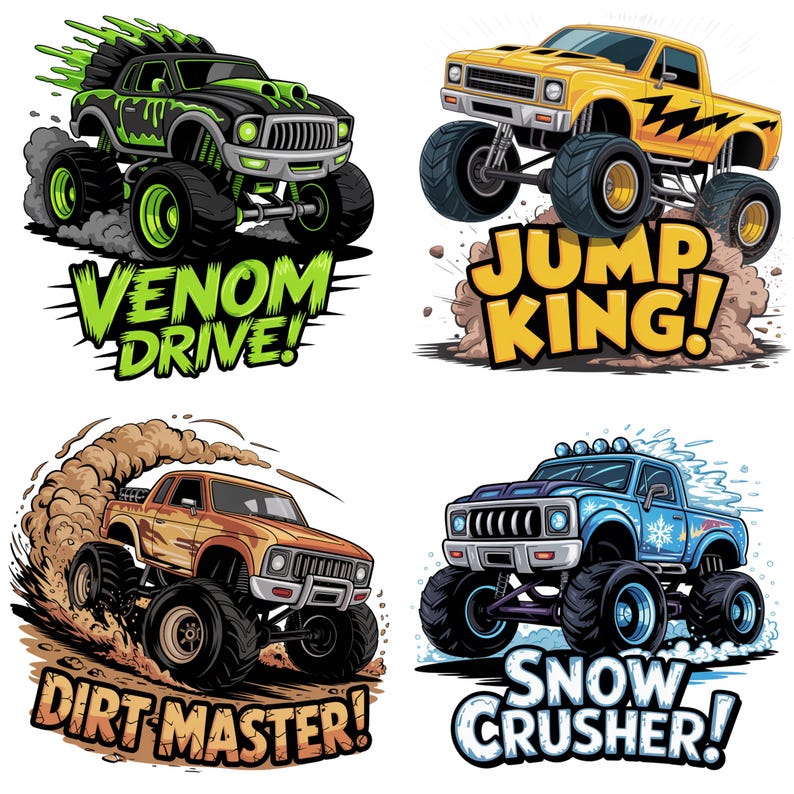 K&ouml;nnte beinhalten: Vier Cartoon-Monster-Truck-Illustrationen. Die Trucks sind in verschiedenen Farben gehalten, darunter Gr&uuml;n, Gelb, Orange und Blau. Jeder Truck hat gro&szlig;e Reifen und ein einzigartiges Design. Der Text enth&auml;lt "Venom Drive!", "Jump King!", "Dirt Master!" und "Snow Crusher!"