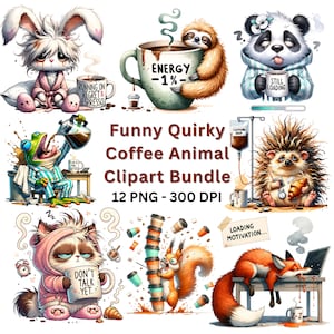 Op de afbeelding: Een digitale clipartbundel met grillige dierenillustraties met koffiethema's. Bevat een konijn, luiaard, panda, kikker, egel, kat, eekhoorn en vos. De tekst luidt "Funny Quirky Coffee Animal Clipart Bundle".