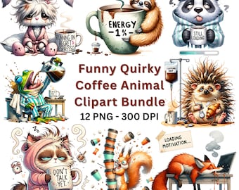 May include: A digital clipart bundle featuring whimsical animal illustrations with coffee themes. Includes a bunny, sloth, panda, frog, hedgehog, cat, squirrel, and fox. The text reads "Funny Quirky Coffee Animal Clipart Bundle".