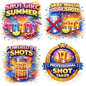Pu&ograve; includere: Illustrazione digitale colorata con le frasi "Shot Girl Summer", "Save Water Drink Shots" e "Powered by Shots". L'immagine presenta bicchierini, un fenicottero, occhiali da sole e una batteria con shot.