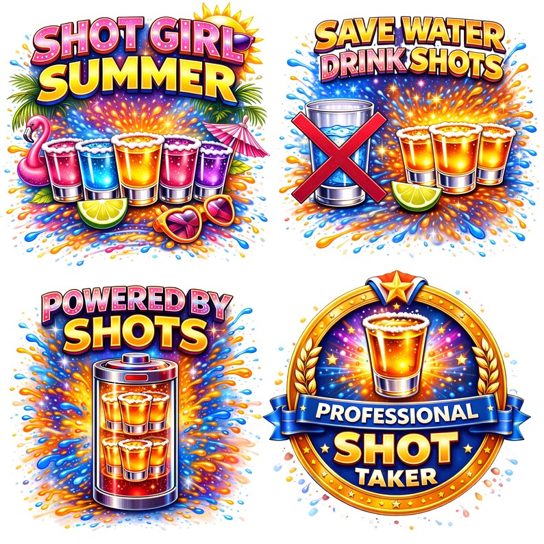 Pu&ograve; includere: Illustrazione digitale colorata con le frasi "Shot Girl Summer", "Save Water Drink Shots" e "Powered by Shots". L'immagine presenta bicchierini, un fenicottero, occhiali da sole e una batteria con shot.