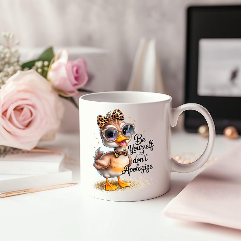 May include: White ceramic mug featuring a cartoon duck wearing sunglasses, a bow tie, and a leopard print bow. The mug has the text "Be Yourself and don't Apologize". The duck is standing on gold glitter.