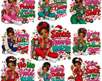 12 Black Nurse Christmas PNG Bundle, Funny Holiday RN Designs (Digital Download)