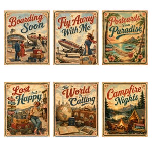 May include: Set of six vintage-style travel posters. Each poster features retro illustrations and text, including phrases like "Boarding Soon," "Fly Away With Me," and "Postcards from Paradise." The posters have a distressed, aged look.