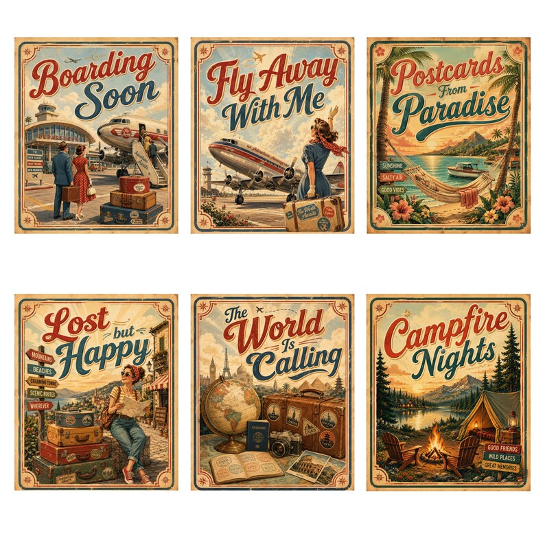 May include: Set of six vintage-style travel posters. Each poster features retro illustrations and text, including phrases like "Boarding Soon," "Fly Away With Me," and "Postcards from Paradise." The posters have a distressed, aged look.