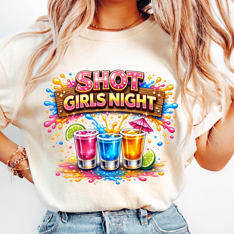 Pu&ograve; includere: T-shirt color crema con un design grafico colorato. Il design include il testo "SHOT GIRLS NIGHT" su un cartello di legno, con tre bicchierini rosa, blu e gialli e fette di lime.