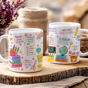 May include: Two white ceramic mugs with colorful teacher-themed designs. One mug features an apple, crayons, and the words "teach love inspire." The other mug has a globe, pencil, and the words "Classroom Magic."