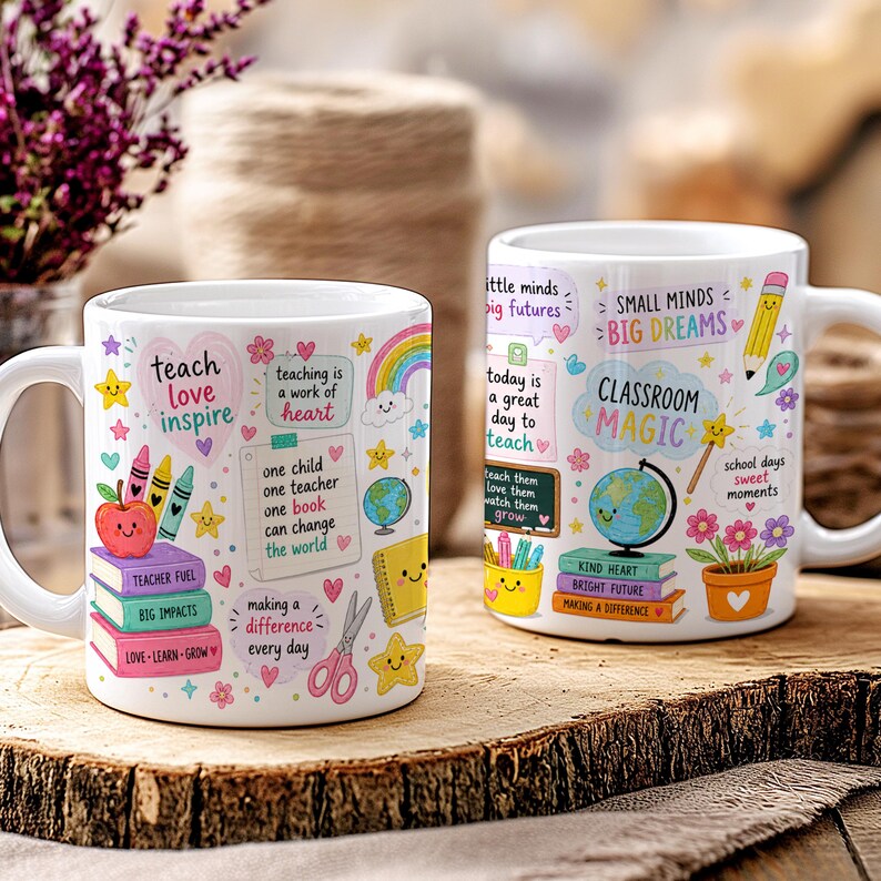 May include: Two white ceramic mugs with colorful teacher-themed designs. One mug features an apple, crayons, and the words "teach love inspire." The other mug has a globe, pencil, and the words "Classroom Magic."