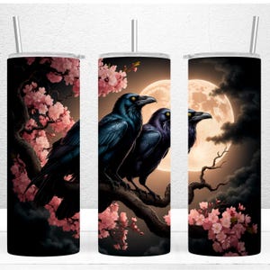 Gothic Raven Tumbler Wrap, 20oz Skinny Tumbler, Full Moon Halloween Tumbler Wrap, Gothic Tumbler, Dark Floral Crow PNG File Digital Download