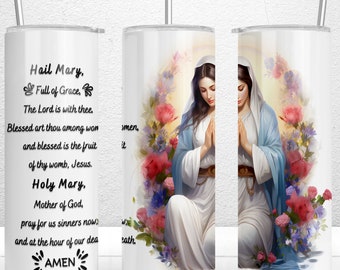 Virgin Mary Tumbler Wrap, 20oz Skinny Tumbler Design, Hail Mary PNG, Lady of Guadalupe With Roses, Virgin Mary Pray, PNG Instant Download