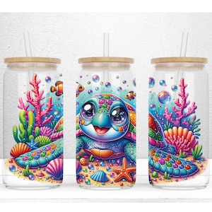 Cute Sea Turtle 16oz Libbey Glass Wrap, 16oz Tumbler, Summer Glass Can, Sea Turtle Animal Starfish Glass Can Wrap PNG File Digital Download