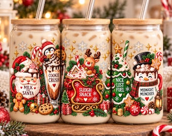 Christmas Libbey Glass Wrap PNG, 16oz Christmas Cup Wrap, Santa Snowman Reindeer, Holiday Drink Sublimation, Digital Download
