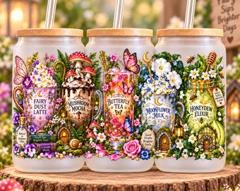 Fairy Garden Glass Can Wrap PNG, 16oz Libbey Wrap, Cottagecore Mushroom & Butterfly Cup Wrap, Fairycore UV DTF Sublimation