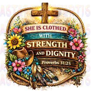 May include: A decorative design featuring a wooden cross, floral arrangements, and a cowboy hat. The text reads "She is clothed with strength and dignity, Proverbs 31:25." The design is framed by a rope border, with a rustic and spiritual theme.