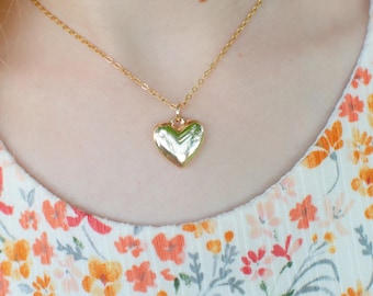 Dainty Gold Puff Heart Necklace, Minimalist Everyday Jewelry, Simple Gold Pendant