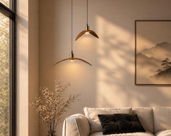 Wooden Wing Pendant Light, Sculptural Japandi Chandelier, Handmade Artisan Statement Lighting, Minimalist Ceiling Piece for Calm Interiors