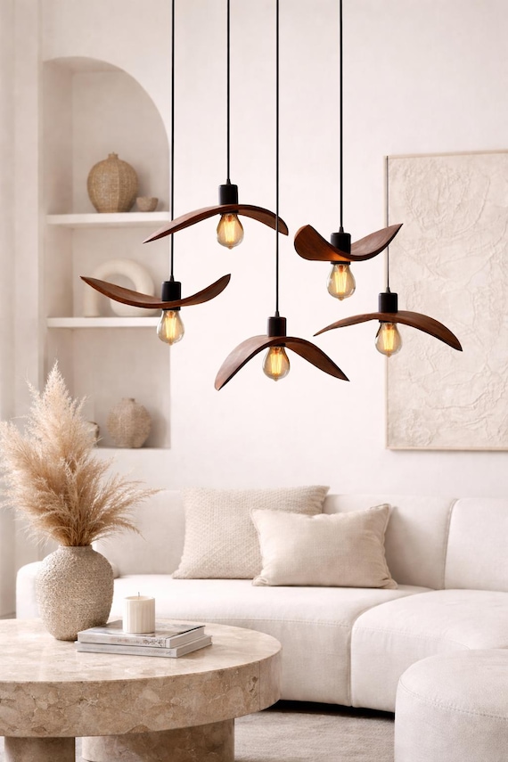 Sculptural Wooden Wing Pendant Light, Japandi Ceiling Lamp