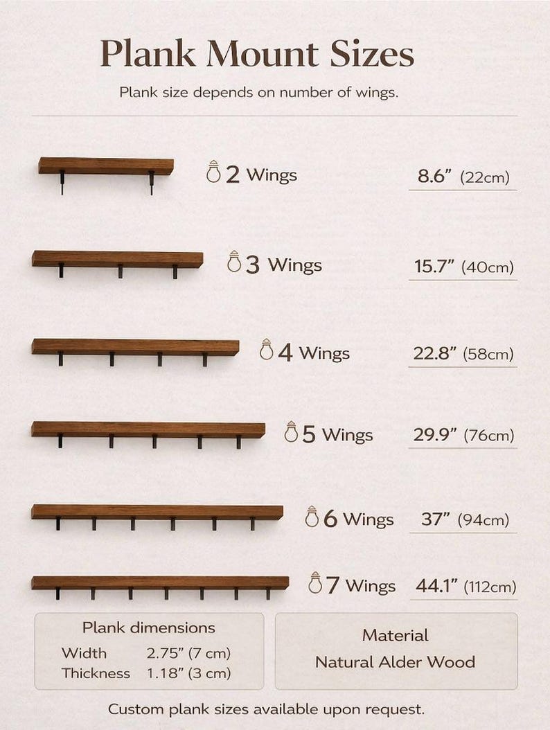 May include: A product information graphic showing plank mount sizes. The planks are made of natural alder wood and come in various lengths, from 8.6 inches (22cm) to 44.1 inches (112cm), depending on the number of wings. The width is 2.75 inches (7 cm) and the thickness is 1.18 inches (3 cm).