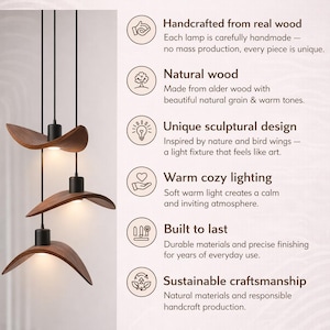May include: Three wooden pendant lights with a unique, sculptural design. The lamps are made from natural wood and hang from black cords. The image includes text that says "Why Choose This Light?" and "WoodenLightsAndDecor".