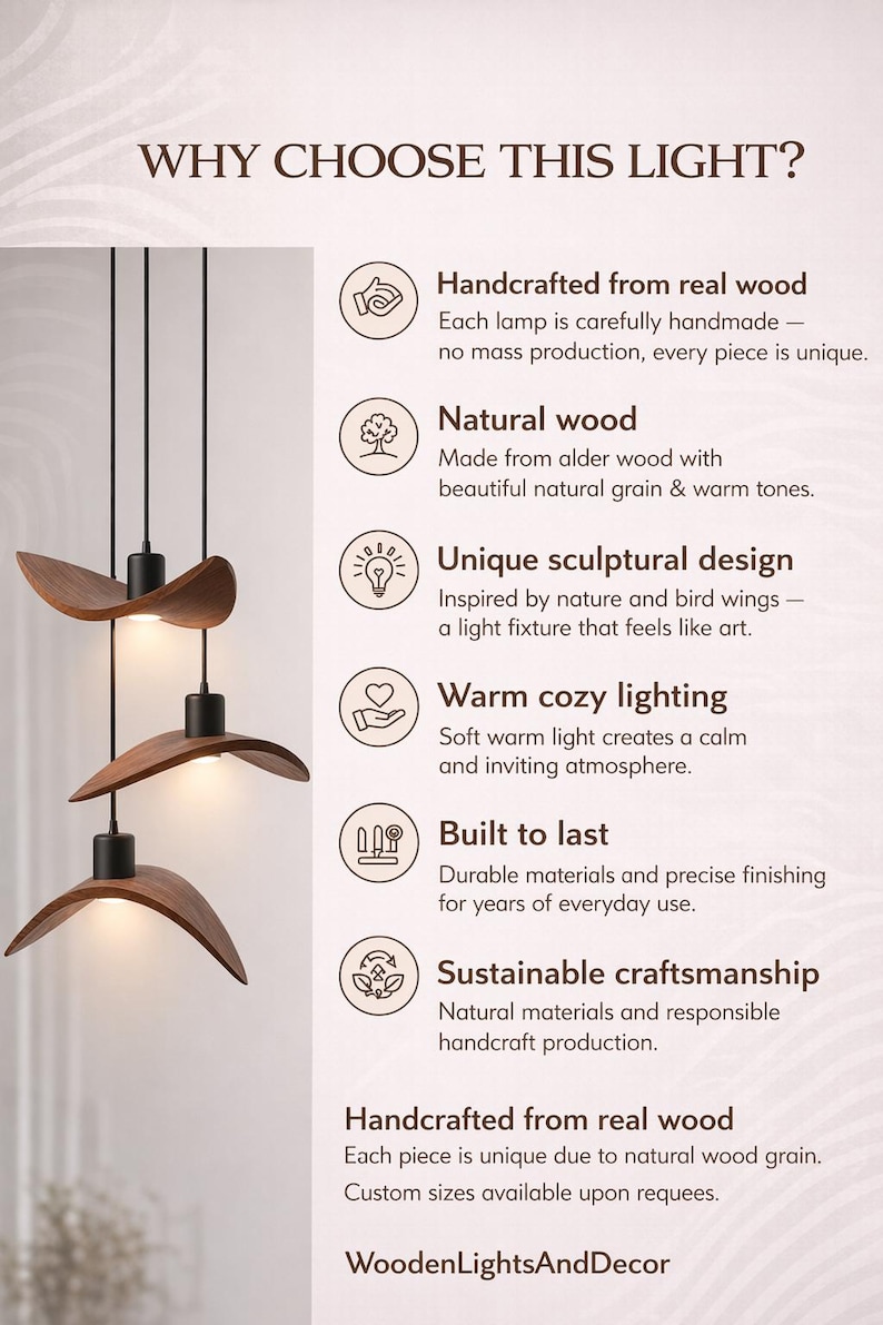 May include: Three wooden pendant lights with a unique, sculptural design. The lamps are made from natural wood and hang from black cords. The image includes text that says "Why Choose This Light?" and "WoodenLightsAndDecor".