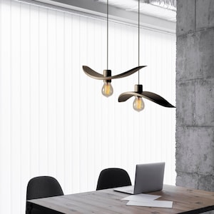 Home office ceiling light, single wing lamp, designer fixtures, slim black pendant light, unique form lamp, wing fixtures, downrod lamp