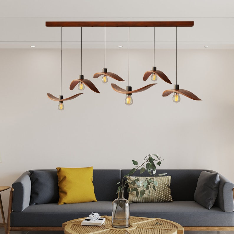 Scandinavian pendant lamp 2-6 wooden Wings on plank mount, Handmade hanging light, Decor kitchen chandelier, Designer trend lighting 2024 image 1