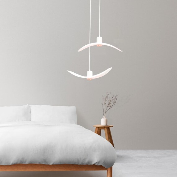 White wing lamp, single LED pendant lamp, long wings lamp, wooden light fixture, custom light decor, Scandinavian decor, modern fixtures