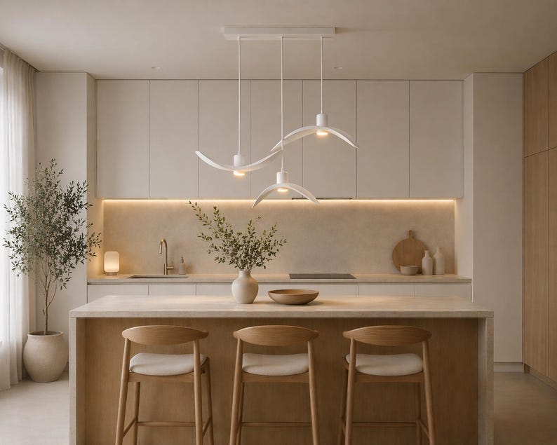 May include: A modern kitchen with a light color palette. Features include a central island with three wooden stools, a white pendant light fixture, and a neutral-toned countertop. A vase of greenery and a potted plant add natural elements.