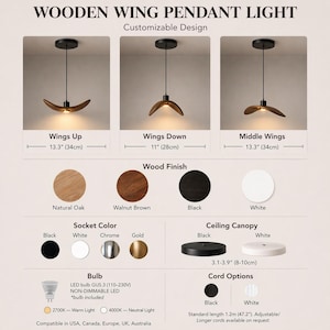 May include: Wooden wing pendant lights with customizable design options. Features include natural oak, walnut brown, black, and white wood finishes. Available socket colors are black, white, chrome, and gold. Includes LED bulb and cord options.