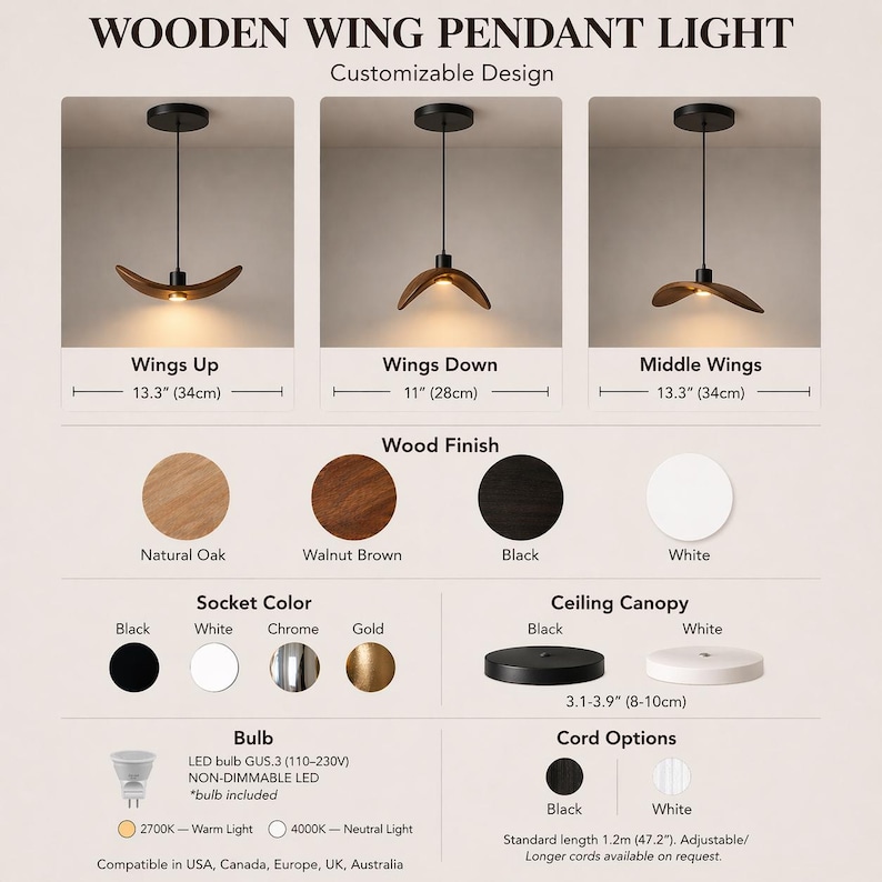 May include: Wooden wing pendant lights with customizable design options. Features include natural oak, walnut brown, black, and white wood finishes. Available socket colors are black, white, chrome, and gold. Includes LED bulb and cord options.