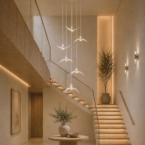 May include: A modern interior featuring a staircase with wooden steps and a glass railing. Above, a series of white, bird-shaped pendant lights hang from the ceiling. A round wooden table with a vase and bowl sits in the foreground, with a potted plant on the landing.