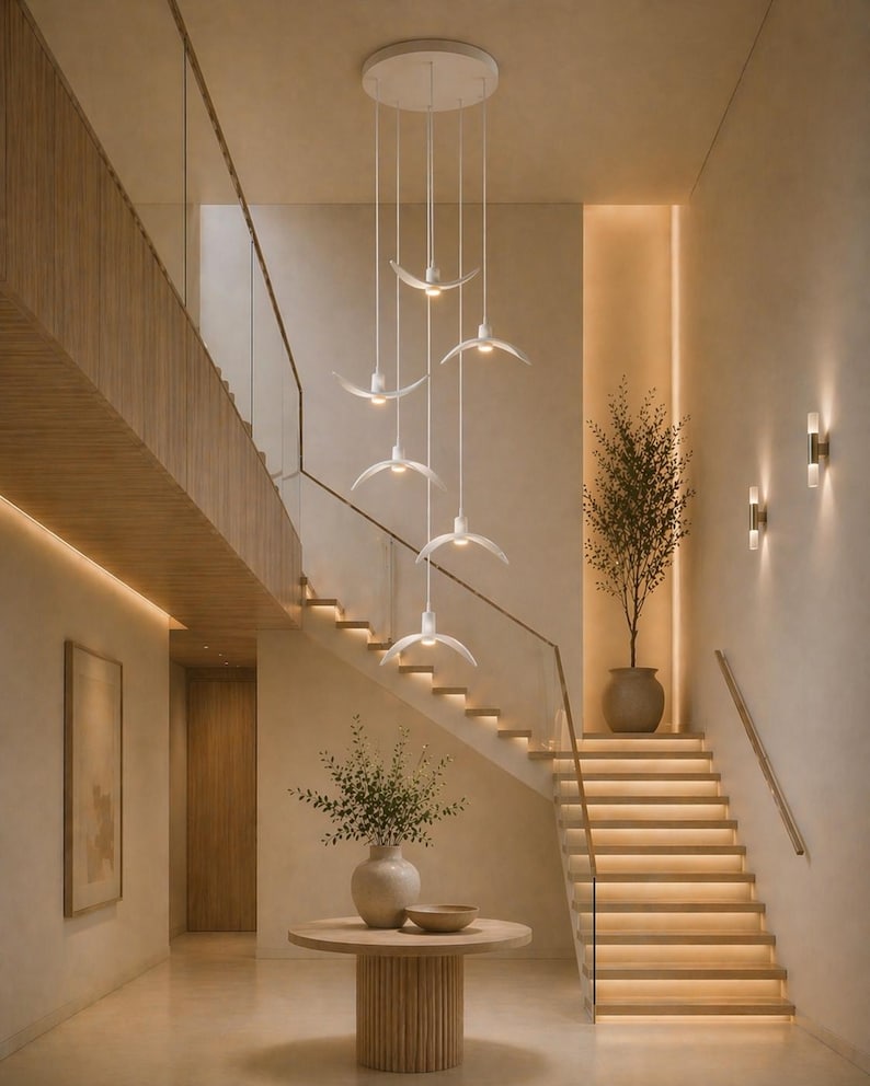 May include: A modern interior featuring a staircase with wooden steps and a glass railing. Above, a series of white, bird-shaped pendant lights hang from the ceiling. A round wooden table with a vase and bowl sits in the foreground, with a potted plant on the landing.