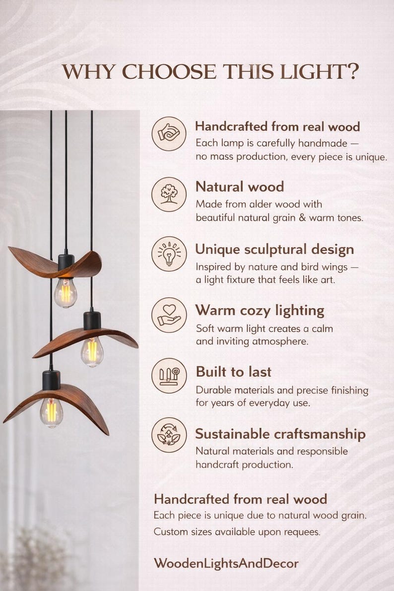 Natural Wood Pendant Light, Minimalist Chandelier, Brown Bird Wing Lamp, Scandinavian Loft Ceiling Lighting, Modern Cozy Home Decor 2026 image 20
