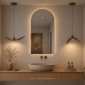 May include: A modern bathroom scene featuring a wooden vanity with a stone sink and a large arched mirror. Two pendant lights hang above, and the text "Create a calm, intentional space" is visible on the vanity.