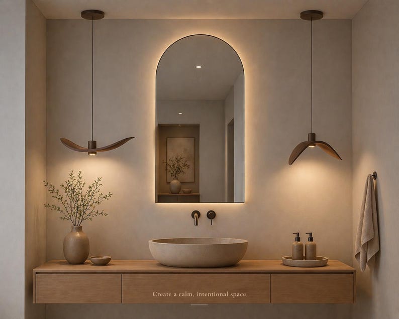 May include: A modern bathroom scene featuring a wooden vanity with a stone sink and a large arched mirror. Two pendant lights hang above, and the text "Create a calm, intentional space" is visible on the vanity.