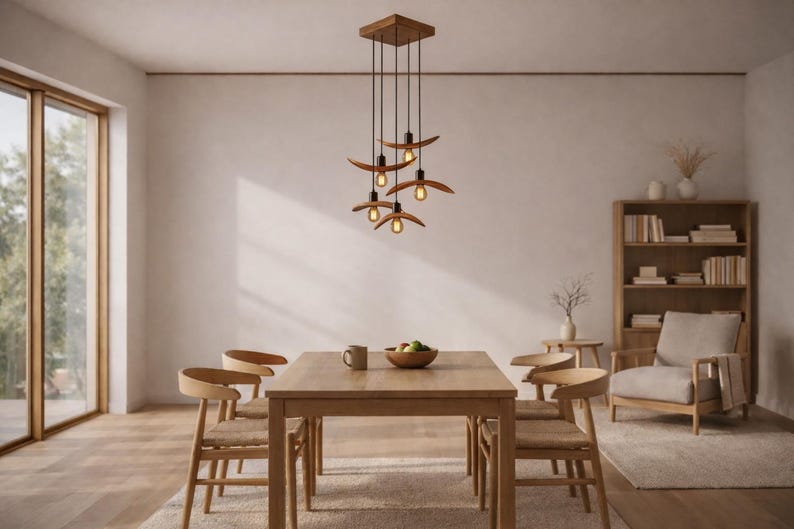 Natural Wood Pendant Light, Minimalist Chandelier, Brown Bird Wing Lamp, Scandinavian Loft Ceiling Lighting, Modern Cozy Home Decor 2026 image 3