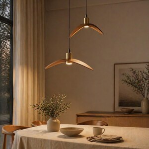 May include: Two modern wooden pendant lights with brass accents hang above a dining table. The lights have a curved, wing-like design. The table is set with a beige tablecloth, a bowl, a cup, and a vase with greenery, creating a warm and inviting atmosphere.
