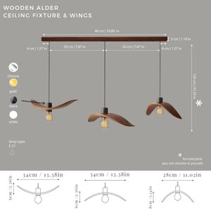 Scandinavian pendant lamp 2-6 wooden Wings on plank mount, Handmade hanging light, Decor kitchen chandelier, Designer trend lighting 2024 image 10