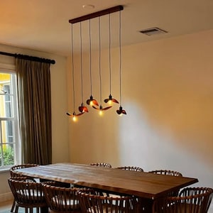 Large Wooden Wing Chandelier for Dining Area, Japandi Linear Ceiling Light on Timber Beam, Modern Rustic Hanging Lamp